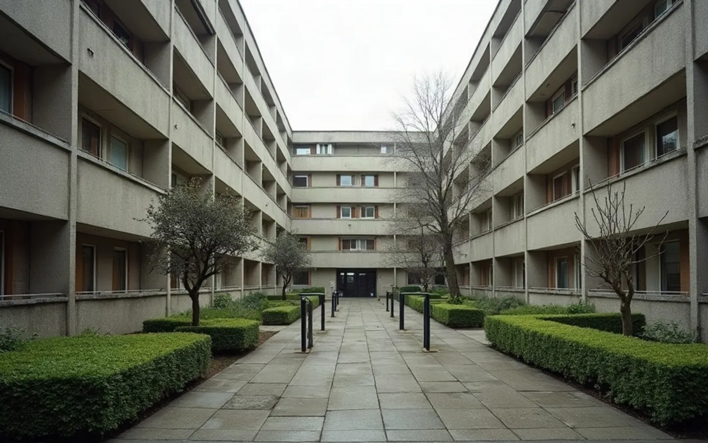 Binnenhof van een appartementencomplex met rijen identieke galerijen, geschoren hagen en een leeg tegelpad naar de ingang.