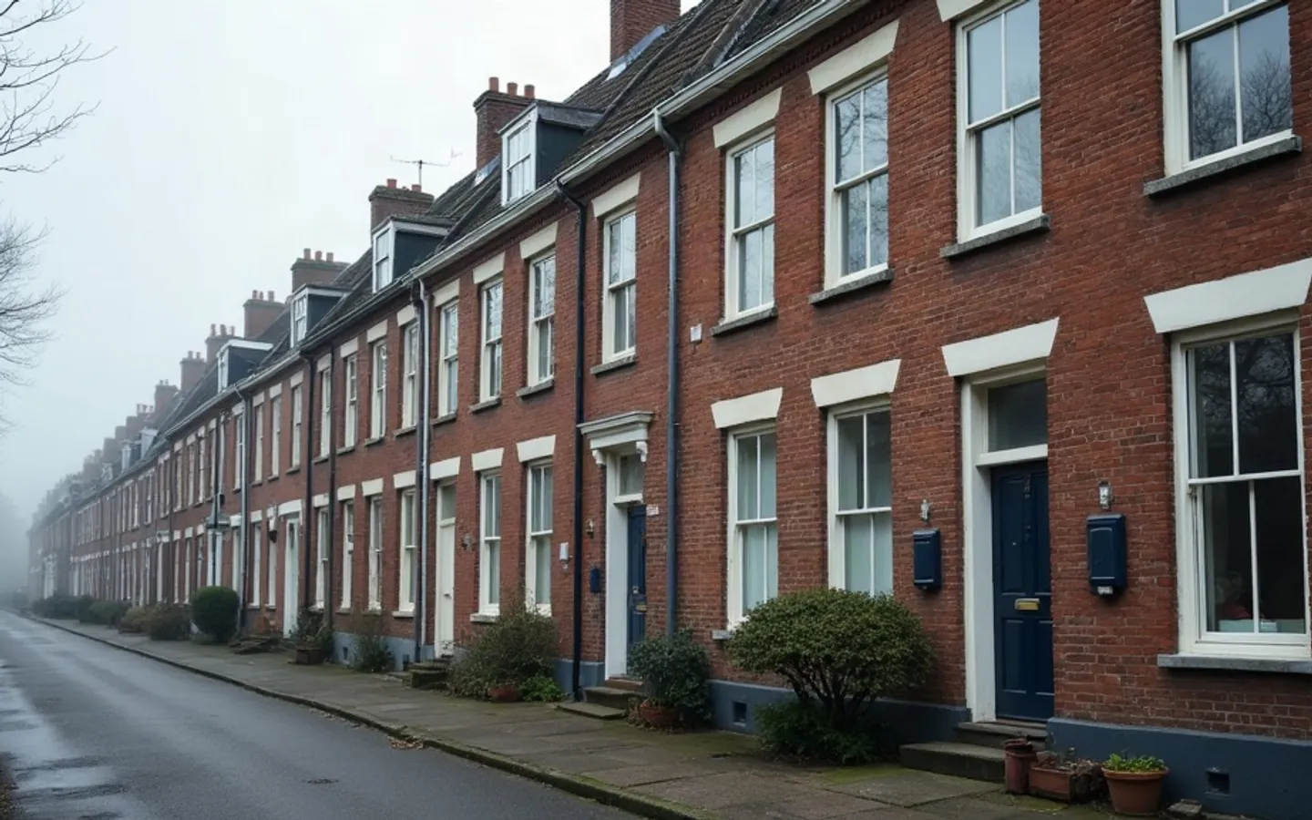 Rij bakstenen gevels met bovenwoningen in een rustige straat in het vroege ochtendlicht, naast een voordeur hangen meerdere deurbellen.