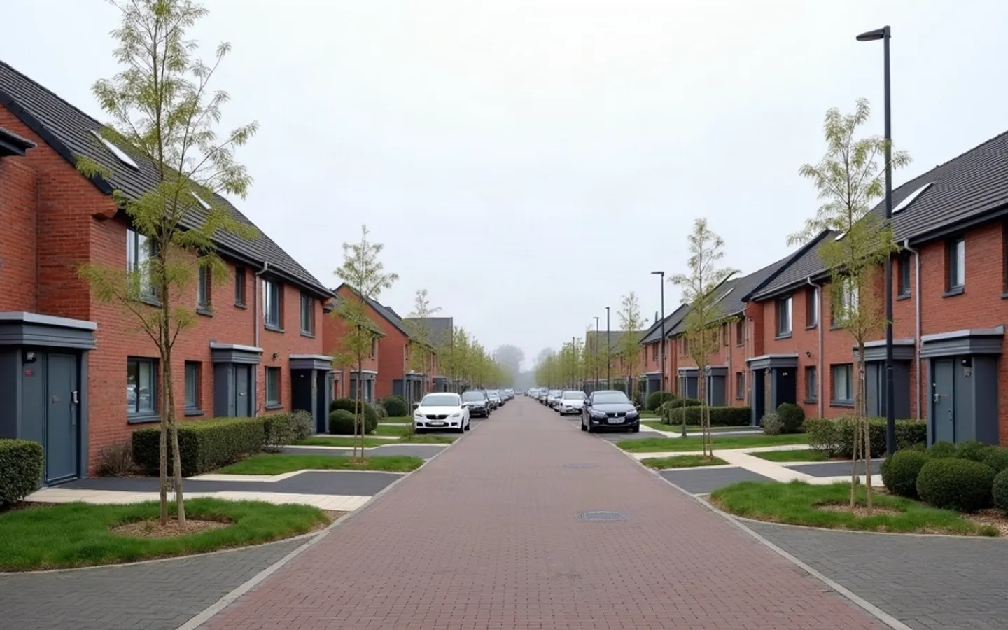 Een nieuwbouwstraat met identieke gevels en jonge aanplant.