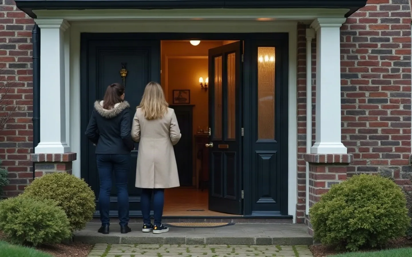 Twee mensen in een lege woonkamer, de een wijst naar het plafond.