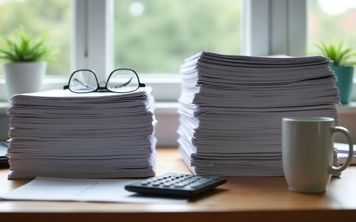 Twee stapels papier van duidelijk verschillende hoogte naast elkaar op een bureau, met een rekenmachine ertussen en een leesbril op de laagste stapel.